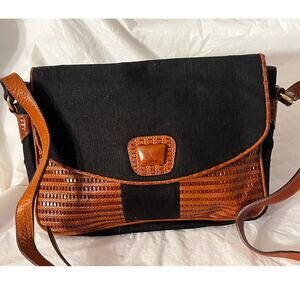 Vintage Tribout Crossbody Bag -Leather and canvas/Jeans Black and Brown